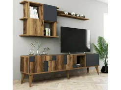 Armário de suporte de TV Docchiut, Aparador de sala, Armário de TV baixo, Base de parede equipada, 180x34h49 cm, Nogueira e Antracite