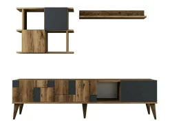 Armário de suporte de TV Docchiut, Aparador de sala, Armário de TV baixo, Base de parede equipada, 180x34h49 cm, Nogueira e Antracite