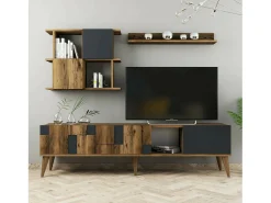 Armário de suporte de TV Docchiut, Aparador de sala, Armário de TV baixo, Base de parede equipada, 180x34h49 cm, Nogueira e Antracite