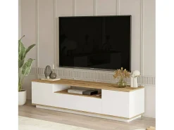 Armário de suporte de TV Dpierott, Aparador de sala, Armário de TV baixo, Base de parede equipada, 180x45h45 cm, Carvalho e Branco
