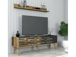 Armário de suporte de TV Daanesta, Aparador de sala, Armário baixo peR TV, Base de parede equipada, 140x45h35 cm, Nogueira e Antracite