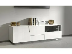 Armário de suporte de TV Dcoulibal, Aparador baixo para sala de estar com 2 portas e 1 gaveta, Base de suporte de TV, 150x44h46 cm, Branco brilhante