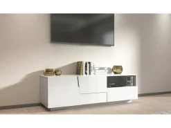 Armário de suporte de TV Dcoulibal, Aparador baixo para sala de estar com 2 portas e 1 gaveta, Base de suporte de TV, 150x44h46 cm, Branco brilhante
