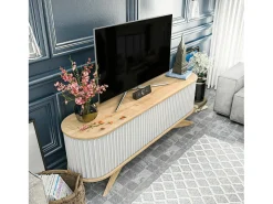 Armário de suporte de TV Desteve, Aparador de sala, Armário de TV baixo, Base de parede equipada, 180x43h60 cm, Carvalho e Branco