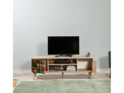 Armário de suporte de TV Dfantacc, Aparador de sala, Armário de TV baixo, Base de parede equipada, 140x40h50 cm, Carvalho e Multicolor