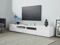 Armário de suporte de TV Dconsigl, Aparador baixo para sala de estar com 3 portas, Base de suporte para TV, 240x40h35 cm, Branco brilhante