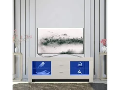 Armário de TV branco brilhante com LED brilhante, bancada de TV moderna, prateleira de vidro, 2 gavetas, móveis de sala de estar, 130x35x50cm
