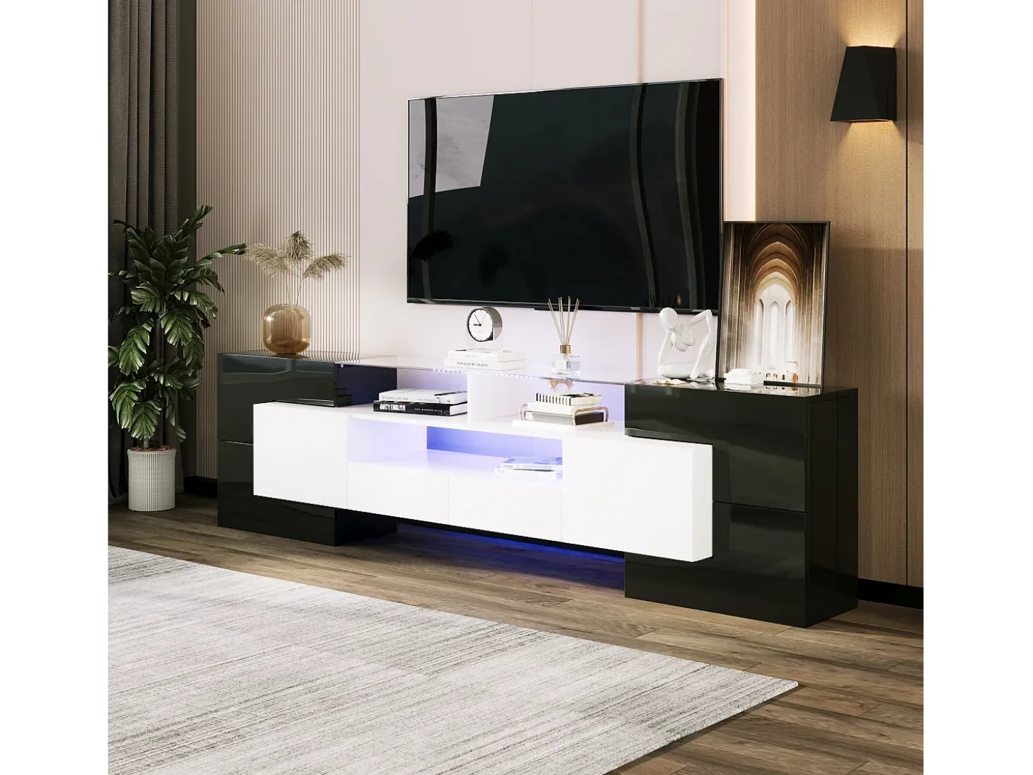 Armário de TV 200cm, Branco Brilhante e Preto, iluminação LED, superfície de vidro