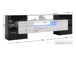 Armário de TV 200cm, Branco Brilhante e Preto, iluminação LED, superfície de vidro