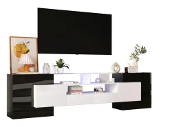 Armário de TV 200cm, Branco Brilhante e Preto, iluminação LED, superfície de vidro