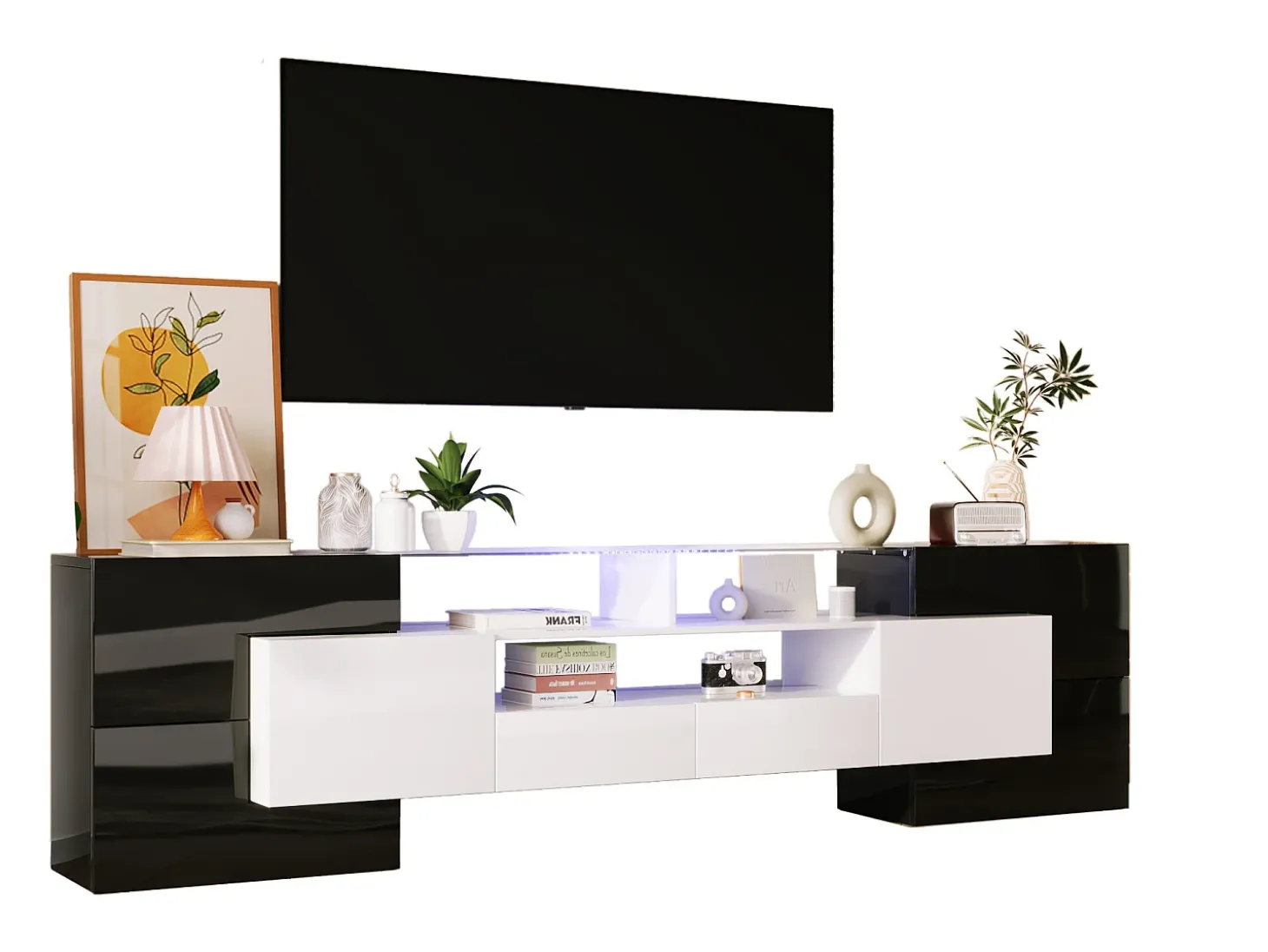 Armário de TV 200cm, Branco Brilhante e Preto, iluminação LED, superfície de vidro