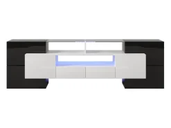 Armário de TV 200cm, Branco Brilhante e Preto, iluminação LED, superfície de vidro