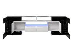 Armário de TV 200cm, Branco Brilhante e Preto, iluminação LED, superfície de vidro