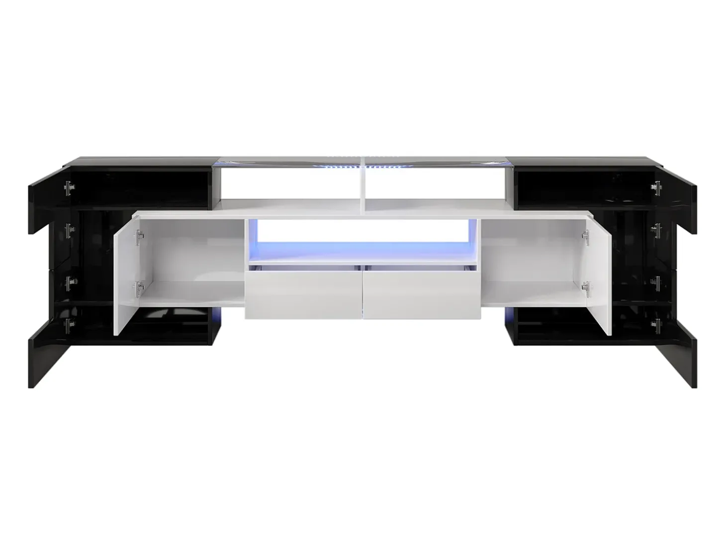 Armário de TV 200cm, Branco Brilhante e Preto, iluminação LED, superfície de vidro