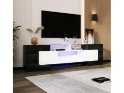 Armário de TV 200cm, Branco Brilhante e Preto, iluminação LED, superfície de vidro