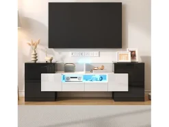 Armário de TV 145cm, branco brilhante, iluminação LED, superfície de vidro elegante