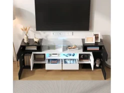 Armário de TV 145cm, branco brilhante, iluminação LED, superfície de vidro elegante