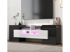Armário de TV 145cm, branco brilhante, iluminação LED, superfície de vidro elegante