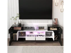 Armário de TV 145cm, branco brilhante, iluminação LED, superfície de vidro elegante