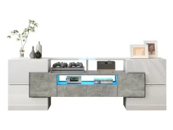 Armário de TV 145cm, branco brilhante, iluminação LED, superfície de vidro elegante