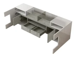 Armário de TV 145cm, branco brilhante, iluminação LED, superfície de vidro elegante