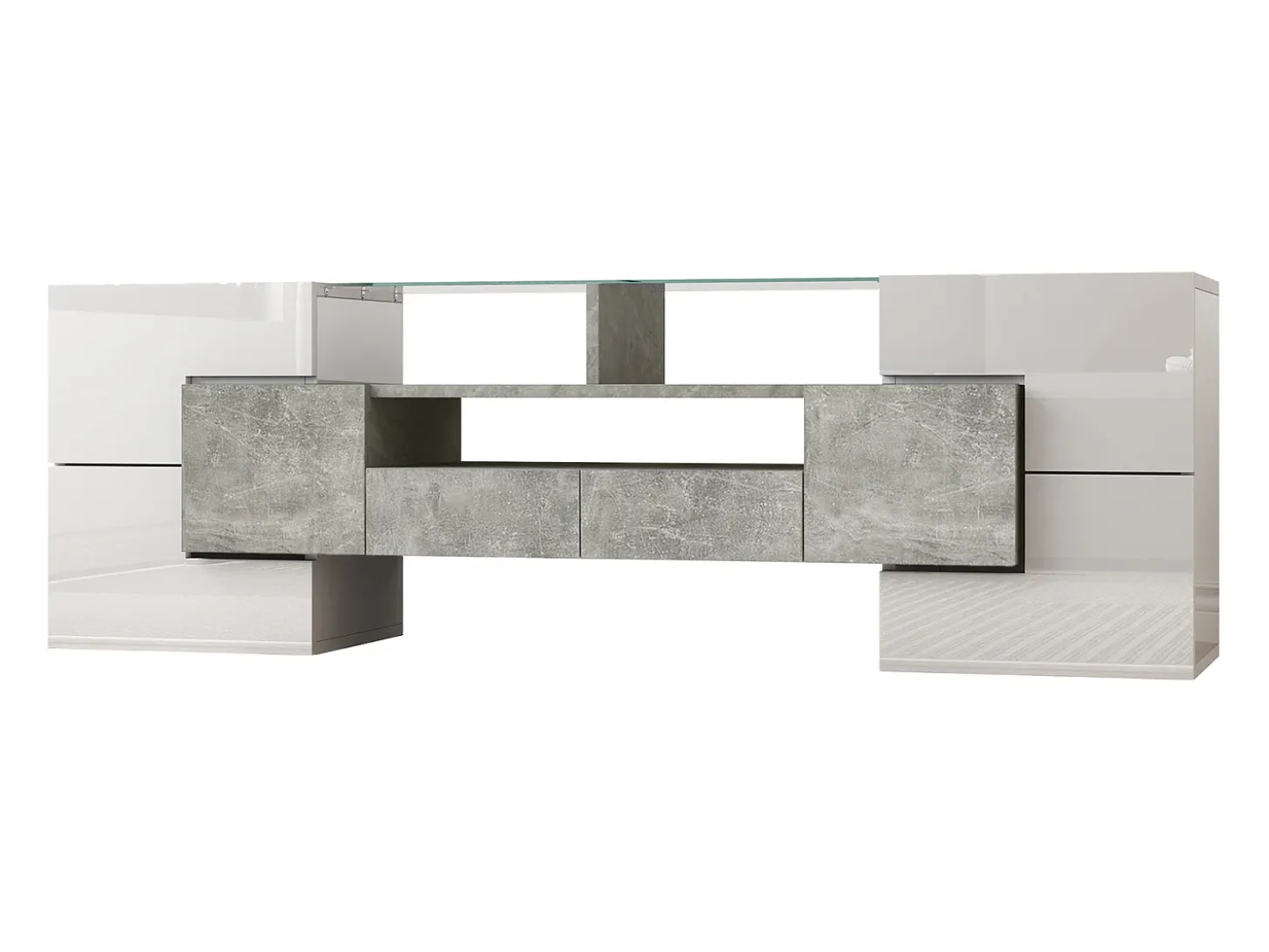 Armário de TV 145cm, branco brilhante, iluminação LED, superfície de vidro elegante