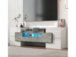 Armário de TV 145cm, branco brilhante, iluminação LED, superfície de vidro elegante