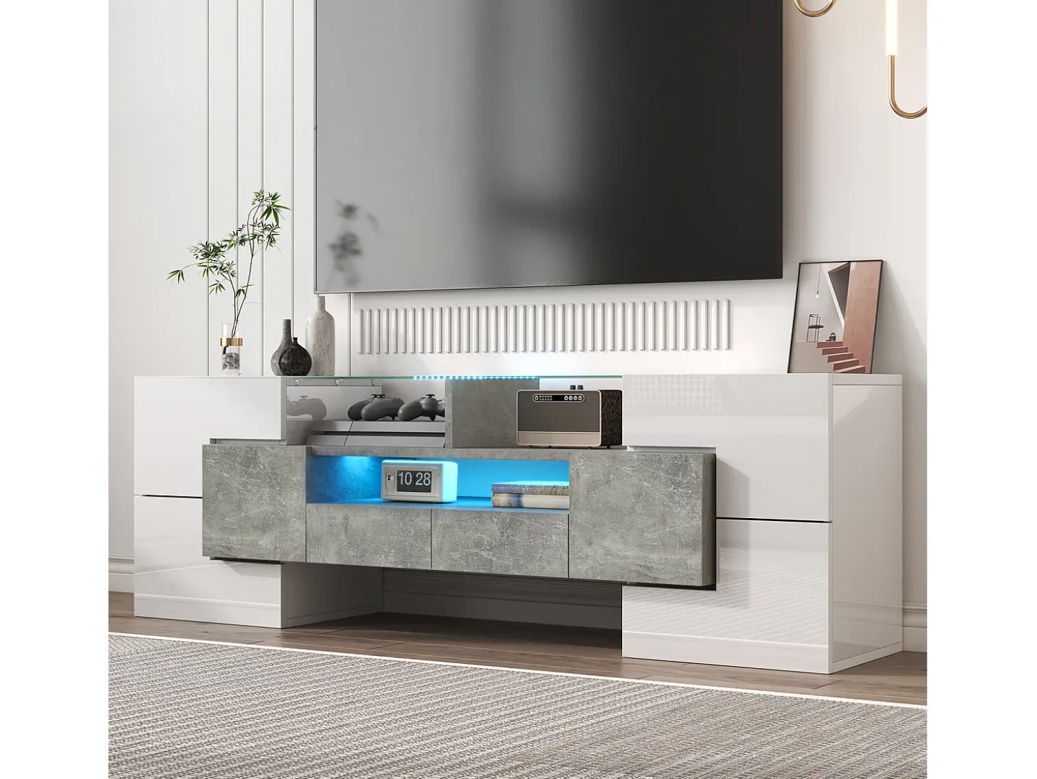 Armário de TV 145cm, branco brilhante, iluminação LED, superfície de vidro elegante