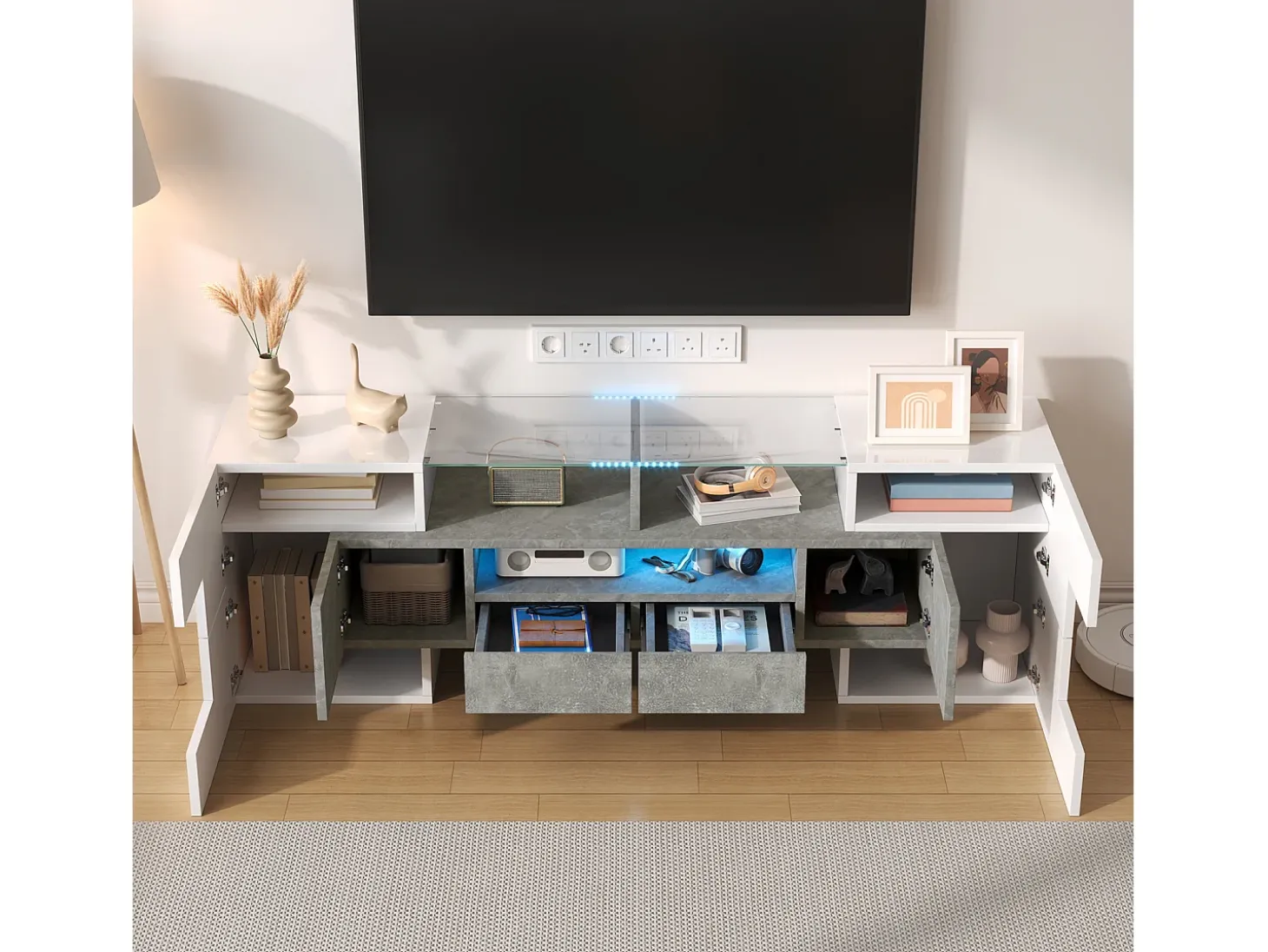 Armário de TV 145cm, branco brilhante, iluminação LED, superfície de vidro elegante
