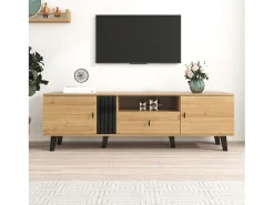 Armário de TV 170cm, Design Madeira & Preto, com gavetas, espaço de armazenamento versátil