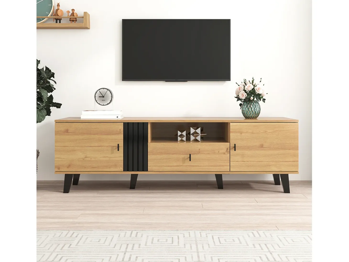 Armário de TV 170cm, Design Madeira & Preto, com gavetas, espaço de armazenamento versátil