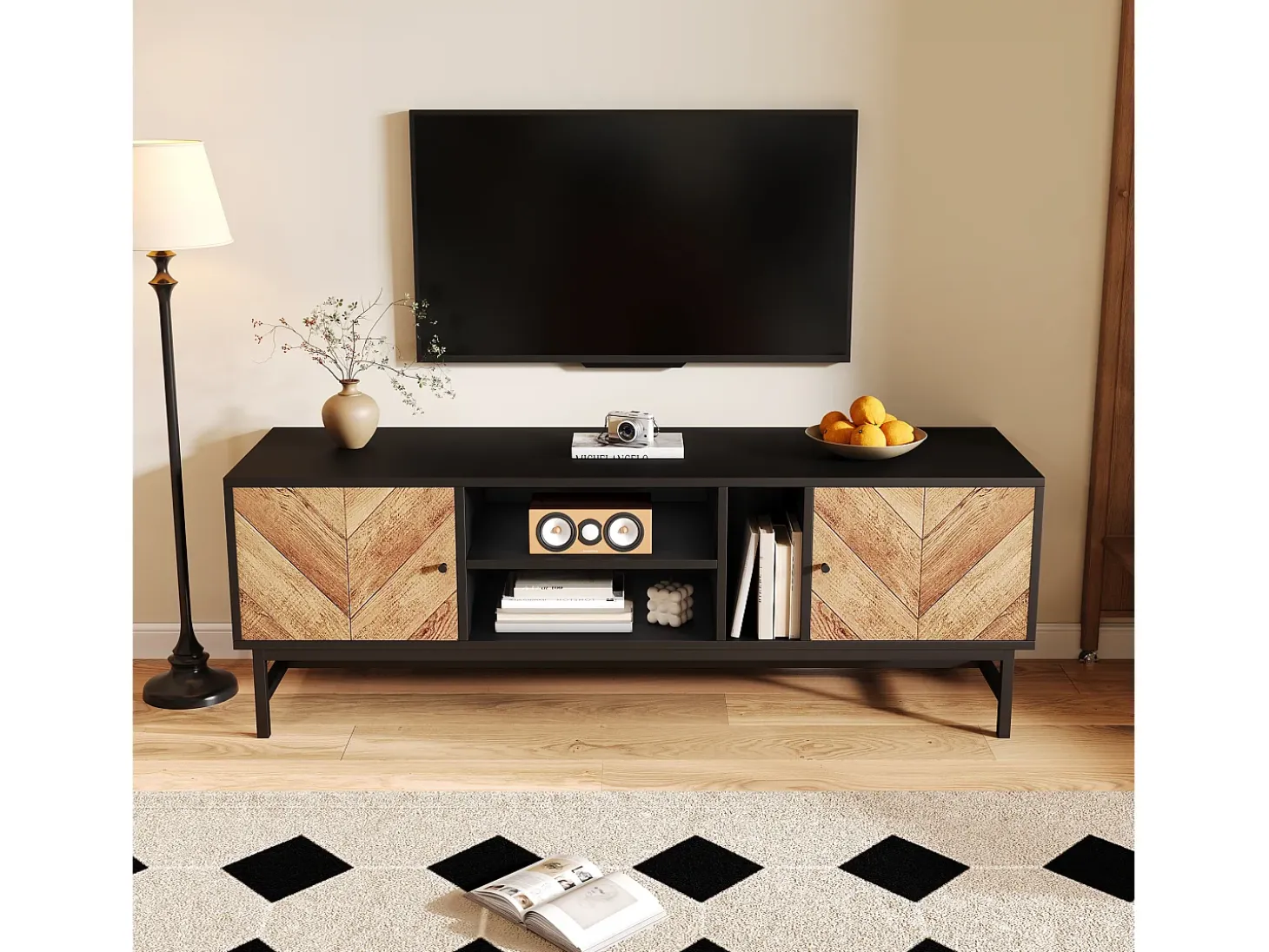Armário de TV 150cm, Design Preto-Madeira, amplo espaço de armazenamento, moderno e minimalista