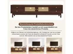 Armário de TV 180cm, efeito de madeira escura, 2 portas de rattan, 4 gavetas, para até 80 polegadas