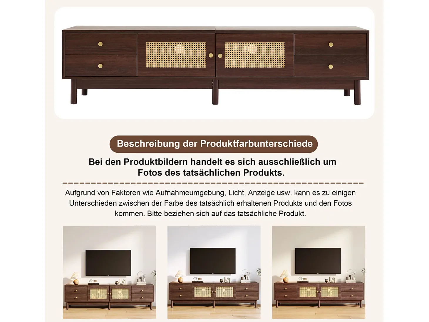 Armário de TV 180cm, efeito de madeira escura, 2 portas de rattan, 4 gavetas, para até 80 polegadas