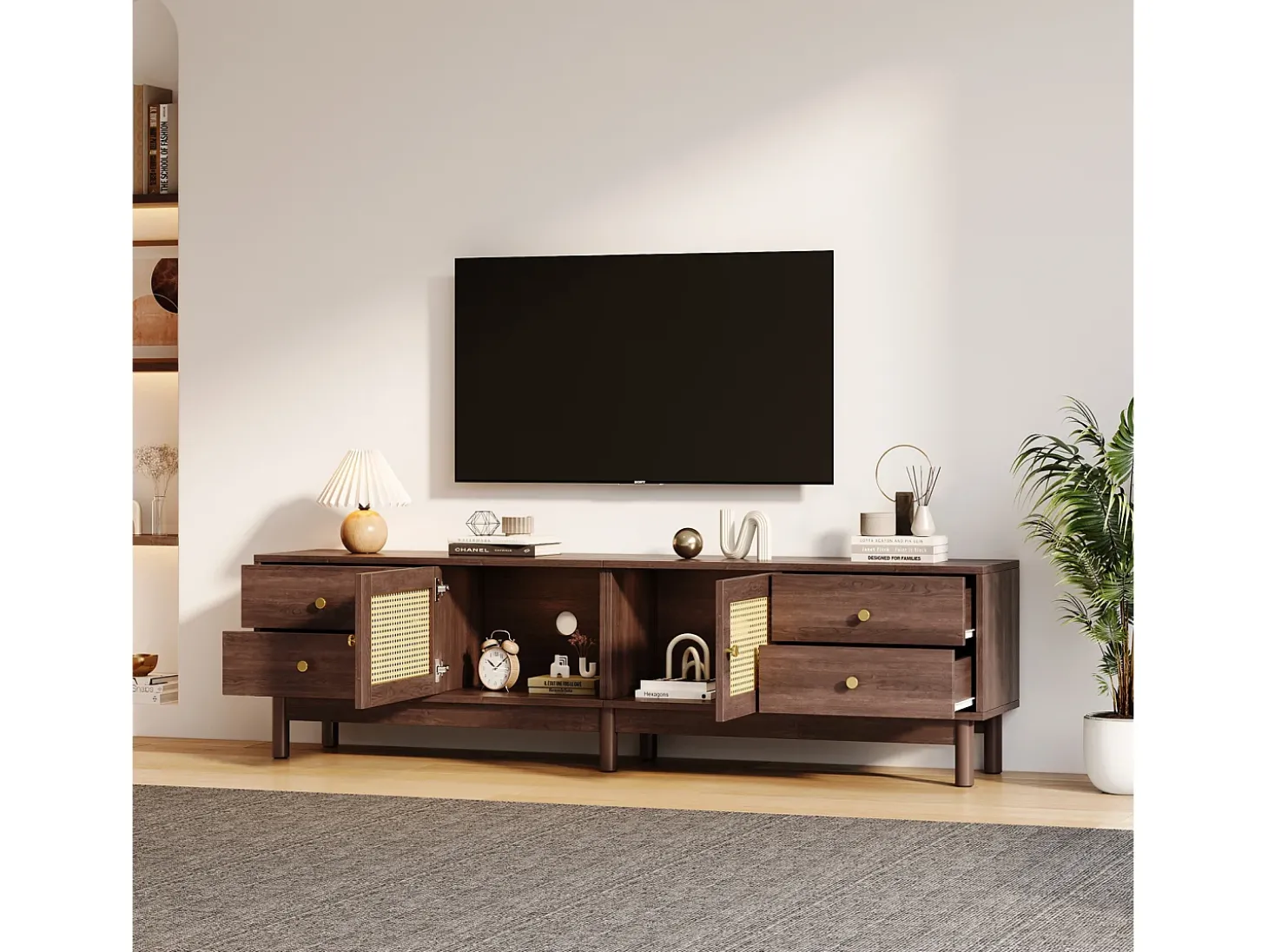 Armário de TV 180cm, efeito de madeira escura, 2 portas de rattan, 4 gavetas, para até 80 polegadas