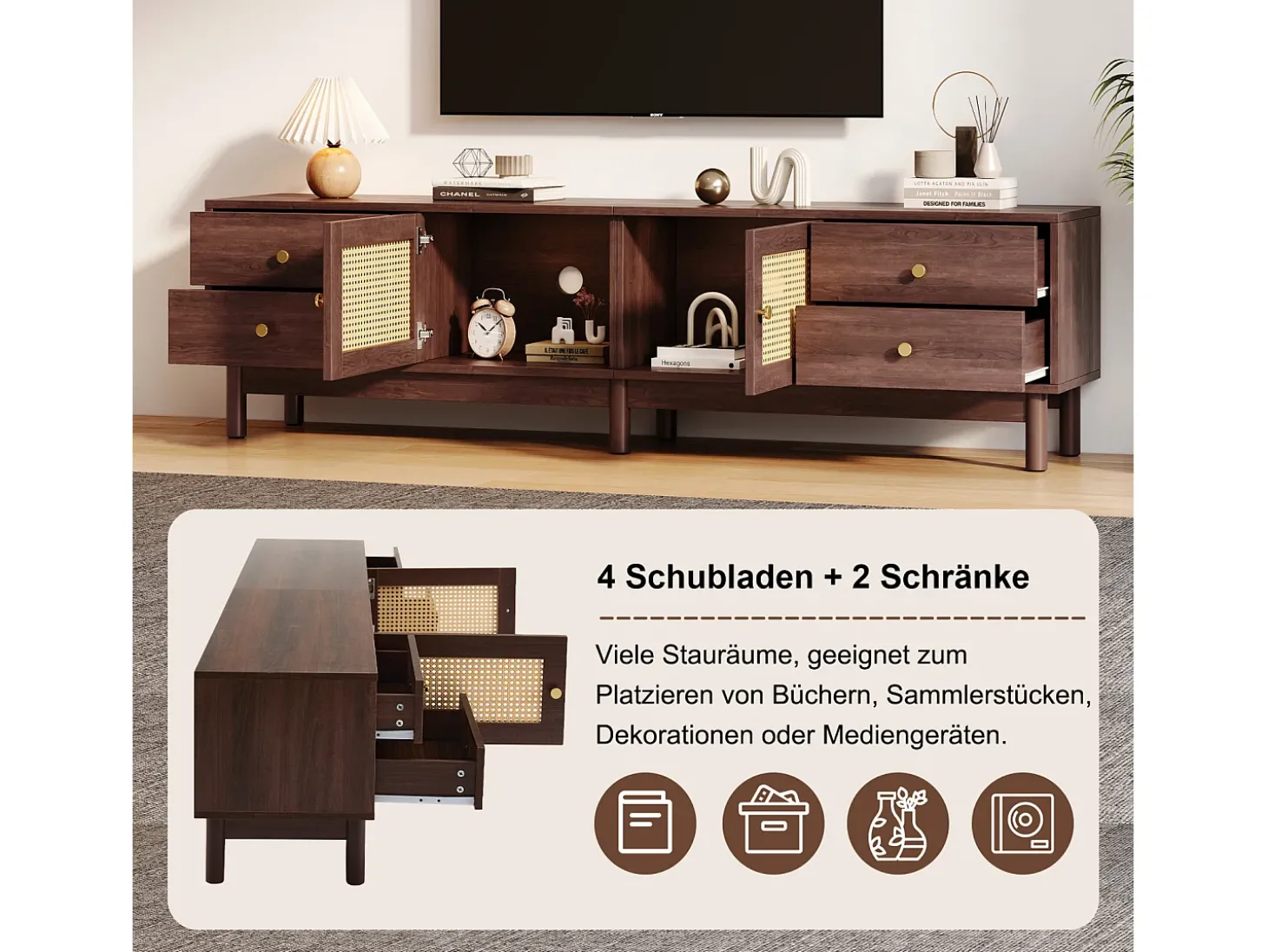 Armário de TV 180cm, efeito de madeira escura, 2 portas de rattan, 4 gavetas, para até 80 polegadas