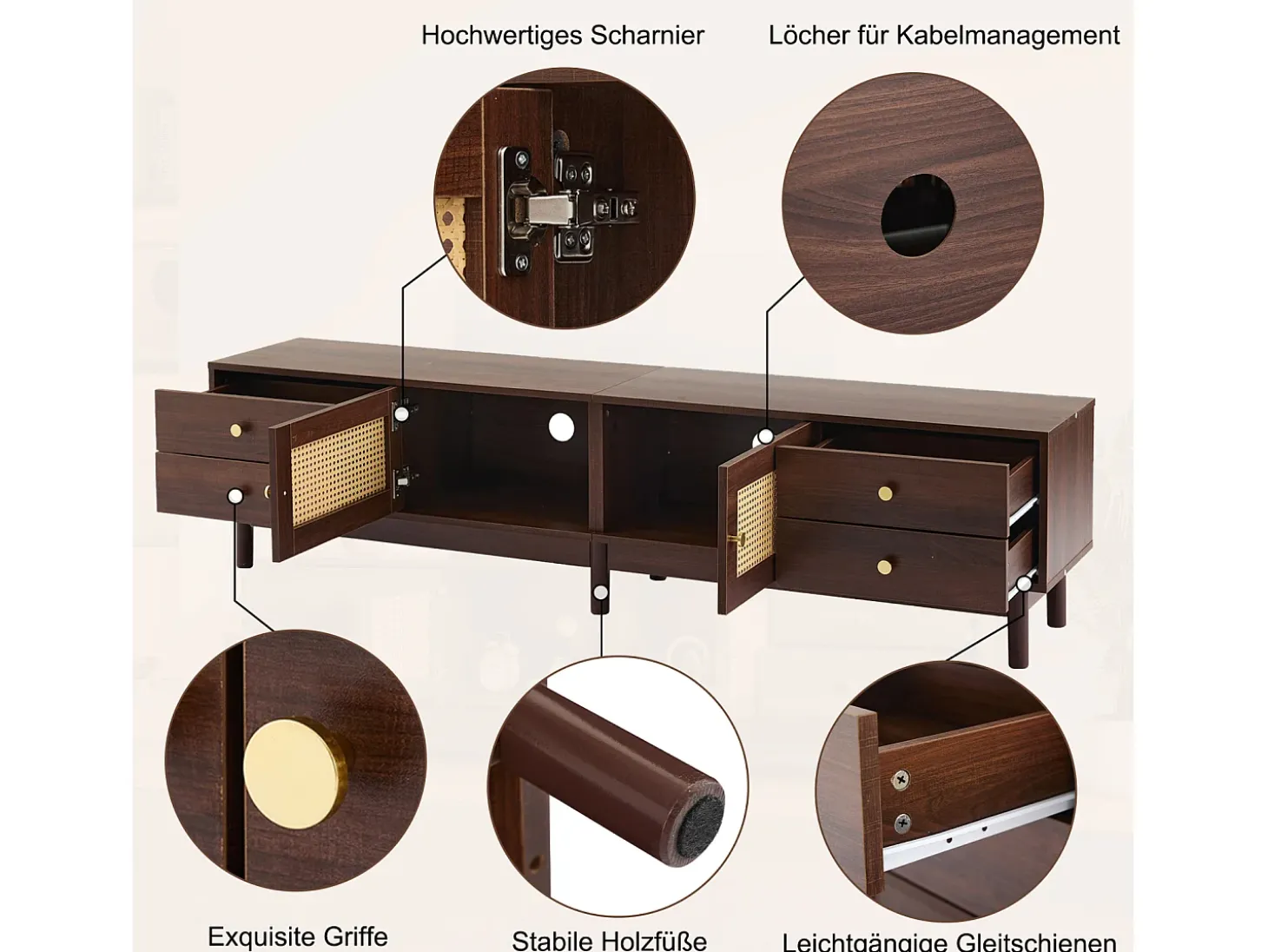 Armário de TV 180cm, efeito de madeira escura, 2 portas de rattan, 4 gavetas, para até 80 polegadas