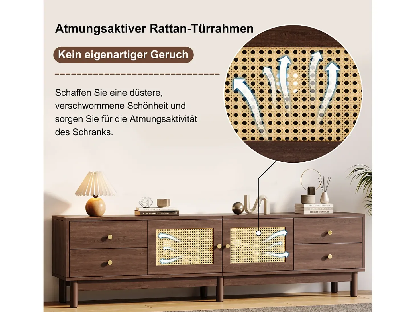 Armário de TV 180cm, efeito de madeira escura, 2 portas de rattan, 4 gavetas, para até 80 polegadas