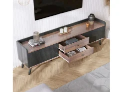 Armário de TV com 2 gavetas, Lowboard H58xL160xP40 cm, Preto & Madeira natural