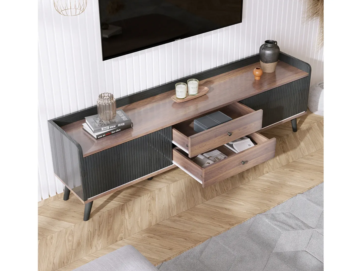 Armário de TV com 2 gavetas, Lowboard H58xL160xP40 cm, Preto & Madeira natural