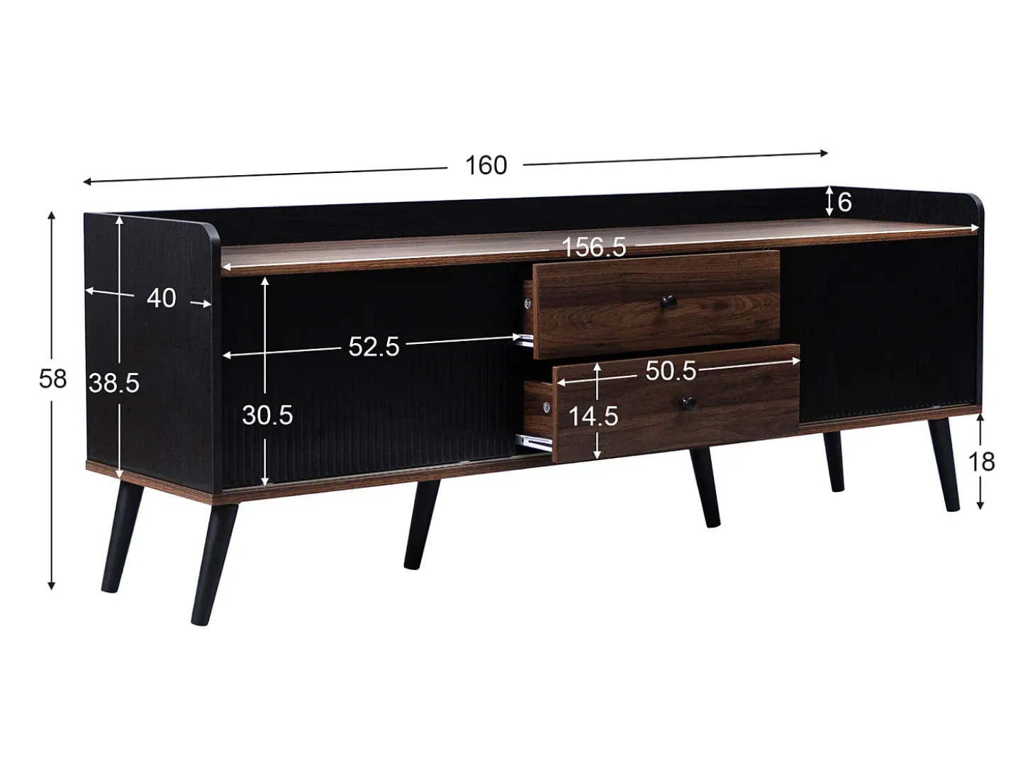Armário de TV com 2 gavetas, Lowboard H58xL160xP40 cm, Preto & Madeira natural