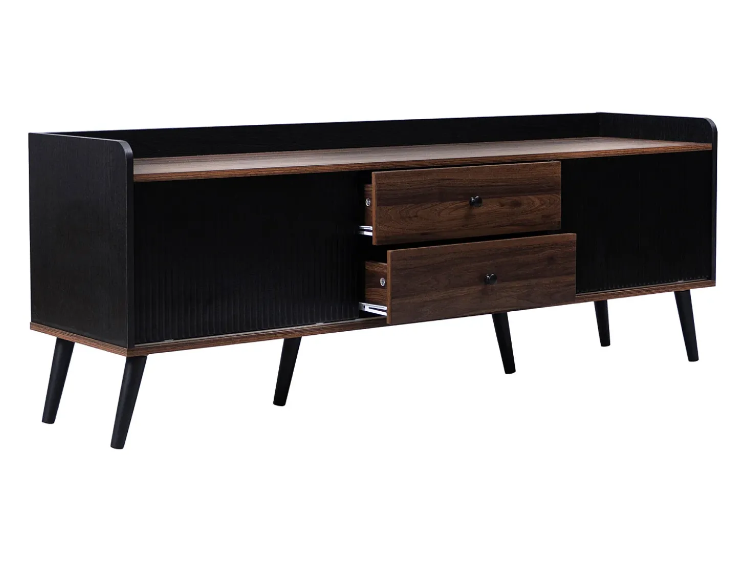Armário de TV com 2 gavetas, Lowboard H58xL160xP40 cm, Preto & Madeira natural