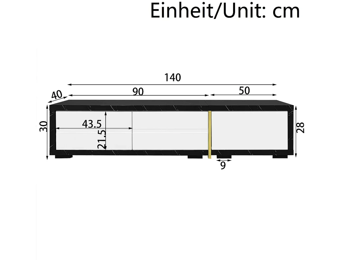 Armário de TV com comprimento variável 140-260cm, giratório, efeito de mármore, decorações douradas