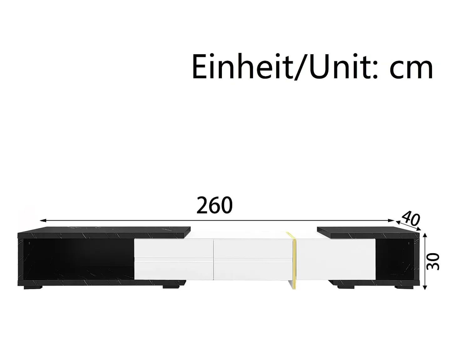 Armário de TV com comprimento variável 140-260cm, giratório, efeito de mármore, decorações douradas