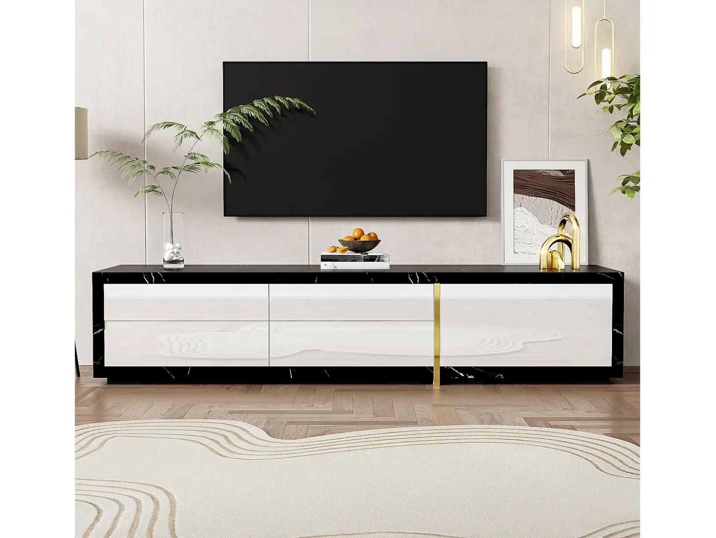 Armário de TV com comprimento variável 140-260cm, giratório, efeito de mármore, decorações douradas