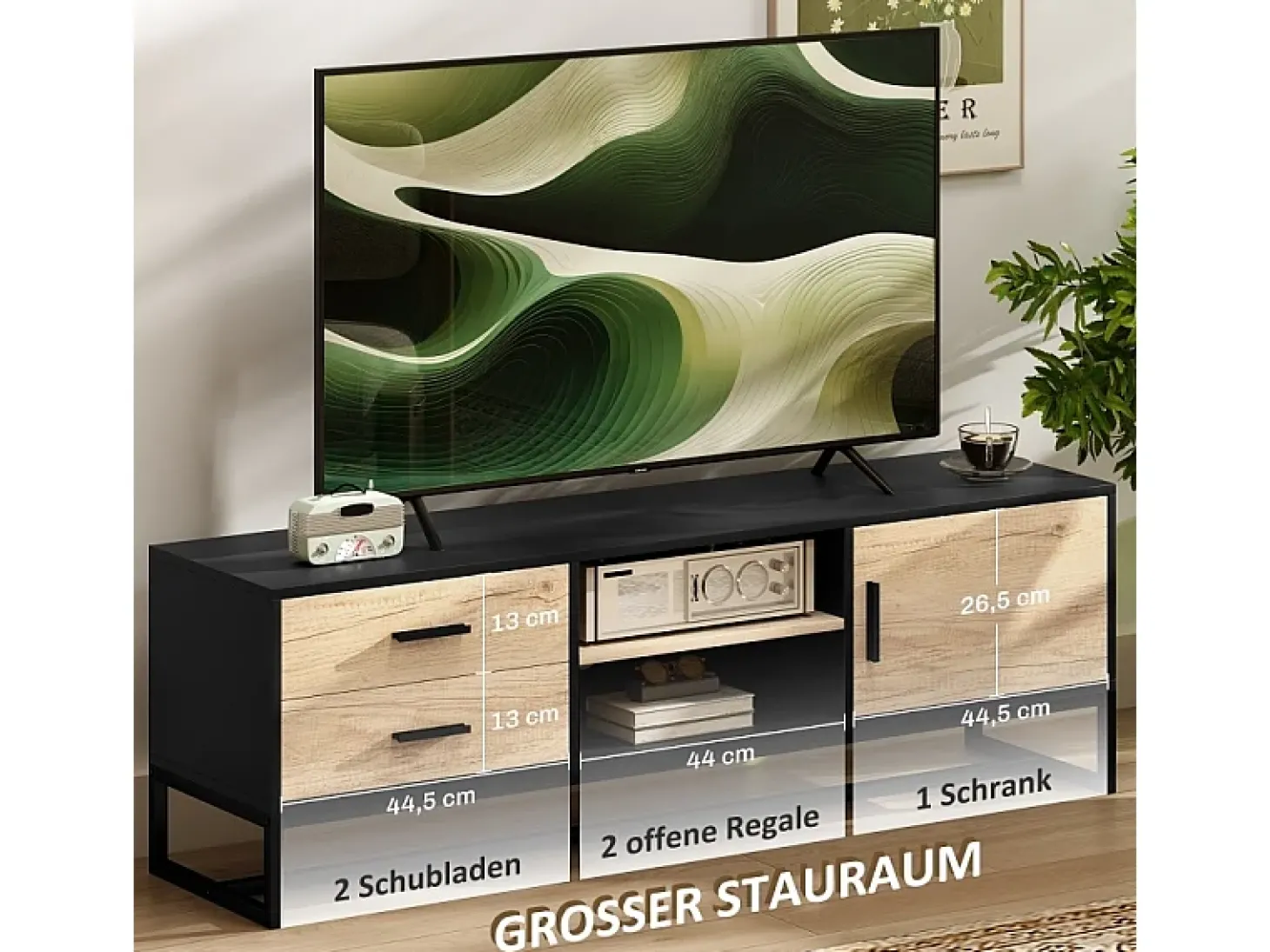 Armário de TV com porta, 2 gavetas, prateleiras abertas, prateleira ajustável, Preto