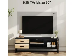 Armário de TV com porta, 2 gavetas, prateleiras abertas, prateleira ajustável, Preto