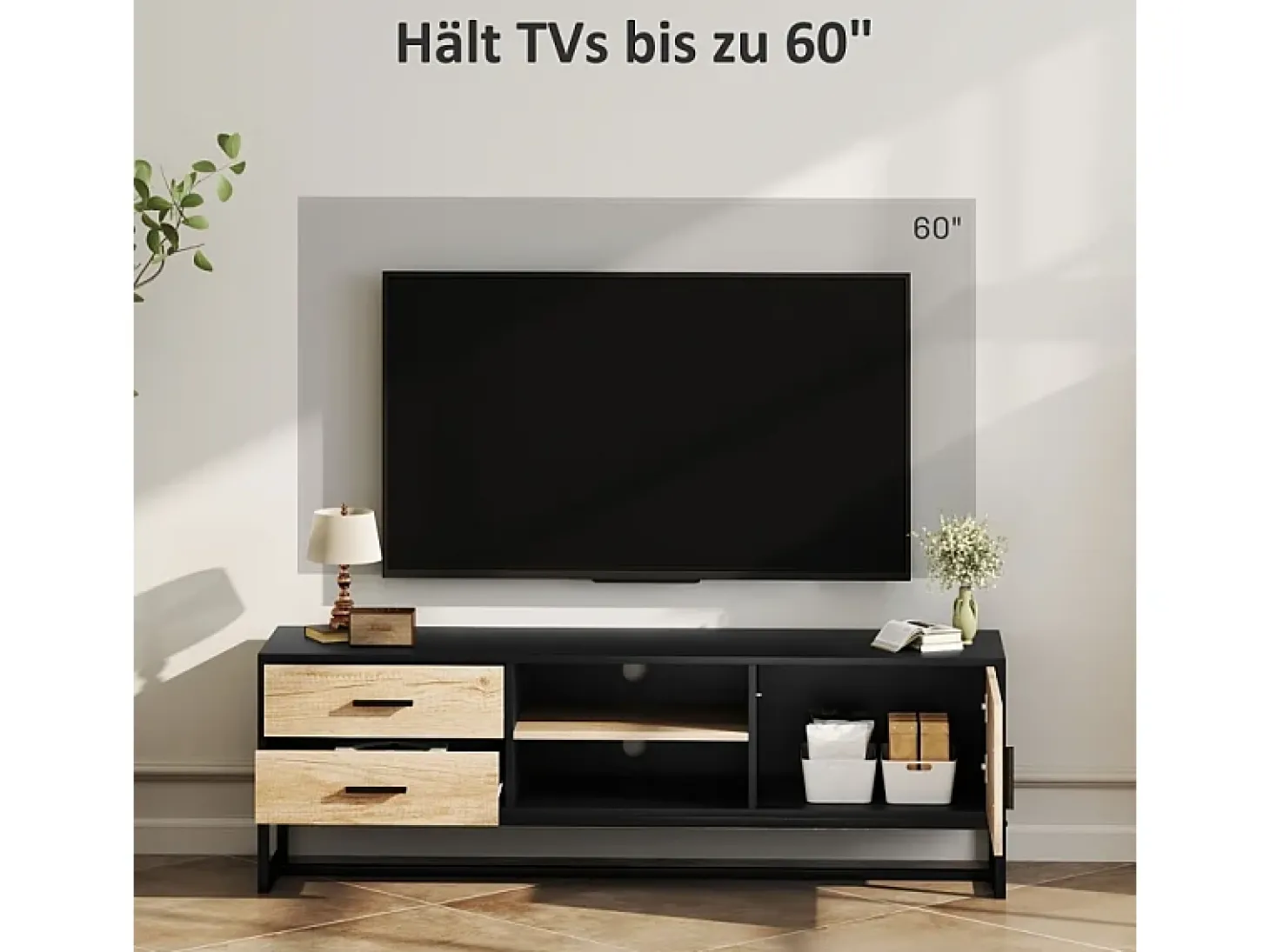 Armário de TV com porta, 2 gavetas, prateleiras abertas, prateleira ajustável, Preto