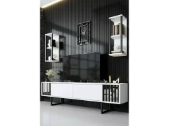 Armário de TV Dfantin, Aparador de sala, Armário de TV baixo, Base de parede equipada, 180x30h48 cm, Preto e branco