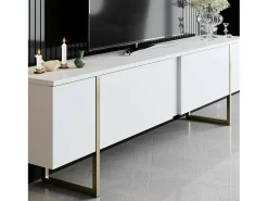 Armário de TV Dgridell, Aparador de sala, Armário de TV baixo, Base de parede equipada, 180x30h50 cm, Branco e Dourado